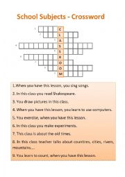 English Worksheet: School Subjects Crossword