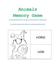 English Worksheet: Animals Memory Game