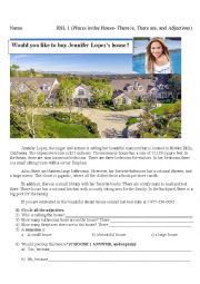 English Worksheet: Jennifer Lopez Reading - Places in the House (There is, There are and Adjectives)