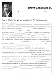 English Worksheet: Martin Luther King Biography