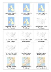 English Worksheet: Find a person from (country). Card activity. Beginner upwards.