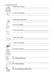 English Worksheet: Some questions about animals appearance and food likes and dislikes