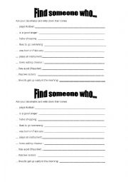English Worksheet: Find Someone Who - Introduction