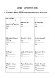 School Subjects Bingo - Speaking Activity