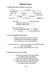 English Worksheet: Song Worksheet: What do I know