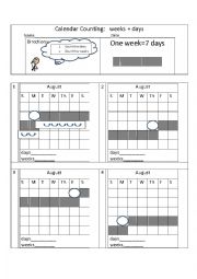 English Worksheet:  Calendar Counting:   weeks + days