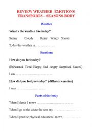 English Worksheet: REVIEW Transports, seasons, parts of body, weather and emotions
