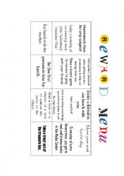 English Worksheet: Reward Menu