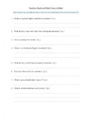 English Worksheet: Meals and meal times in Britain