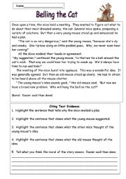 English Worksheet: Belling the Cat:  A Fable by Aesop