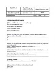 English Worksheet: 1st form mid-term test n2