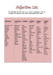 English Worksheet: Adjective List 
