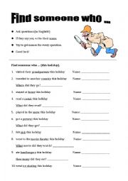 English Worksheet: Find someone who...talking about holidays