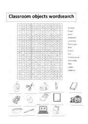 English Worksheet: CLASSROOM OBJECTS WORDSEARCH