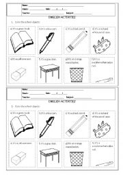 English Worksheet: School Objects and Colors