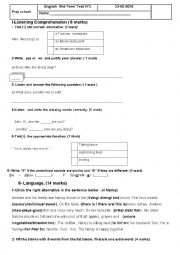 English Worksheet: MID TERM TEST2 7th