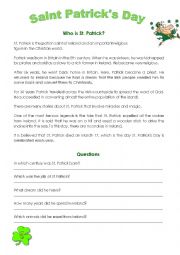 English Worksheet: St Patrick Reading Comprehension