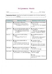 English Worksheet: Polysemous Words in Math