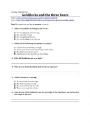 English Worksheet: Goldilocks and the three bears - Listening comprehension