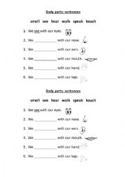 English Worksheet: Body Parts: sentences