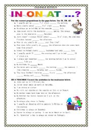 English Worksheet: GRAMMAR REVISION - prepositions in on at 