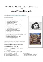 English Worksheet: ANNE FRANKS BIOGRAPHY - VIDEO AND QUESTIONS (PAST SIMPLE)