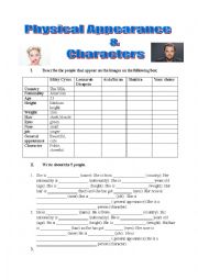 English Worksheet: physical appearances and characters