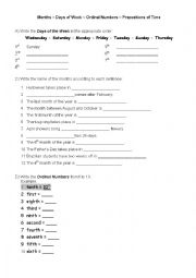 English Worksheet: Months  Days of Week  Ordinal Numbers  Prepostions of Time