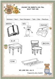 English Worksheet: Classroom objects coloring