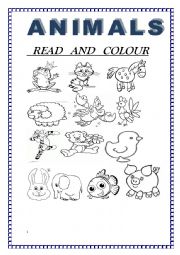 English Worksheet: Animals. Read and colour