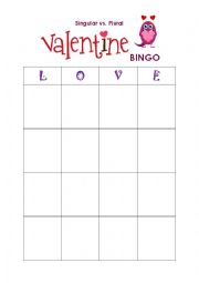 English Worksheet: Singular and Plural Valentines Day Bingo