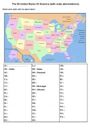 English Worksheet: The 50 United States Of America with state abbreviation