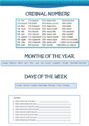 English Worksheet: Ordinal Numbers, Months, and Days of the week