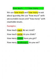 English Worksheet: how much / how many note-taking
