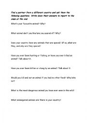 English Worksheet: Animal discussion questions