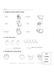 English Worksheet: animlas, fruits and family members for 1st grade