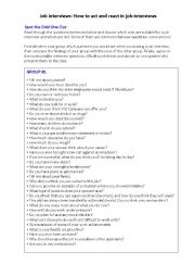 English Worksheet: Job interviews: How to act and react in job interviews