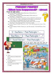 English Worksheet: GRAMMAR REVISION - PRESENT PERFECT - what has happened in the street?