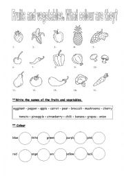 English Worksheet: FRUITS AND VEGETABLES. WHAT COLOUR ARE THEY?