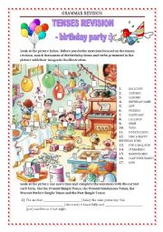 English Worksheet: GRAMMAR REVISION - tense miscellaneous - birthday party