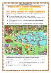 English Worksheet: GRAMMAR REVISION - present continuous - weekend at the lake