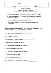 English Worksheet: sentence and sentence fragments