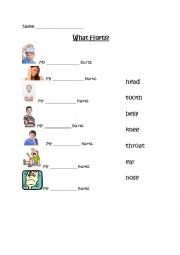 English Worksheet: What hurts?  Cloze worksheet on ailments