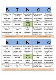 English Worksheet: Get To Know You Bingo