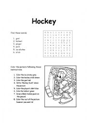 English Worksheet: Hockey Word Search and Coloring-by-instructions