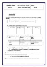 English Worksheet:    Unit 2  Lesson 1 School related words 