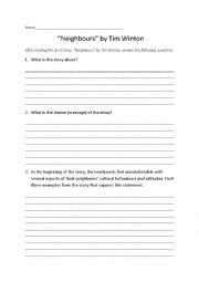 English Worksheet: Neighbours by Tim Winton short story comprehension questions