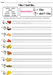 English Worksheet: Foods, I like / I dont like