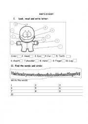 English Worksheet: parts of body