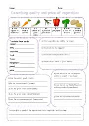 Vegetables Price and Quality Worksheet 